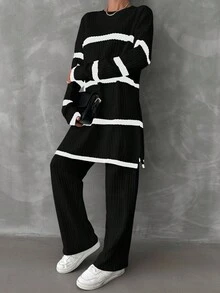 EURMUSE Women's Drop Shoulder Striped Sweater 2pcs/set - Black - View 5