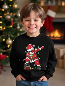 Jungen Lässig & modischer Weihnachtsmann Beleuchtungsmuster Sweatshirt, bequemer Langarm Rundhals Pullover geeignet für Kleinkinder und kleine Jungen, Weihnachtsparty, Familien-Matching, Herbst/Winter/Frühling - Schwarz - Übersicht 3