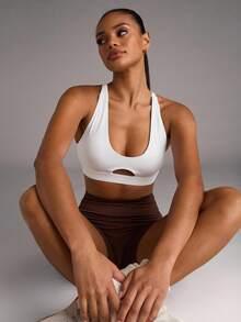 SHEIN BAE Women's Solid Color Hollow Simple Fitted Casual Sports Bra - White - View 1