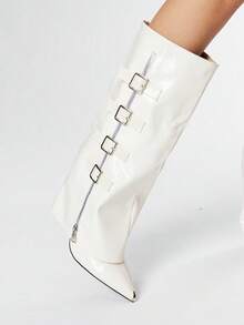 ROMWE Grunge Punk Botas altas hasta el muslo con tacón grueso y punta puntiaguda para mujeres, modelo 2025 con hebilla y suela antideslizante, versátiles botas de montar - Blanco - Ver 3