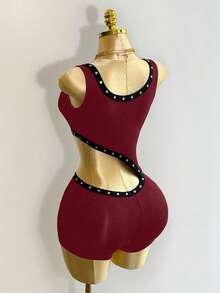 Mistrie 这款女士新款无袖V领性感开襟抽绳设计，性感不规则镂空女士连体裤，脚趾镶嵌装饰设计带有朋克风格，女士街头服饰，适合万圣节节日。 - 紅色 - 查看 7