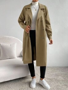 SHEIN Essnce Women's Solid Color Lapel NeckLong Sleeve Double-Breasted Casual Commuter Trench Coat, Autumn