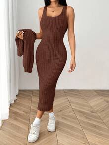 SHEIN EZwear 女式秋季新款罗纹针织落肩纽扣前襟夹克和修身中长连衣裙套装 - 棕色 - 查看 5