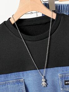 SHEIN Fantacosmos 2 件套男童牛仔布拼布连帽衫和牛仔裤两件套，时尚休闲街头风格牛仔布拼布服装 - 彩色 - 查看 4