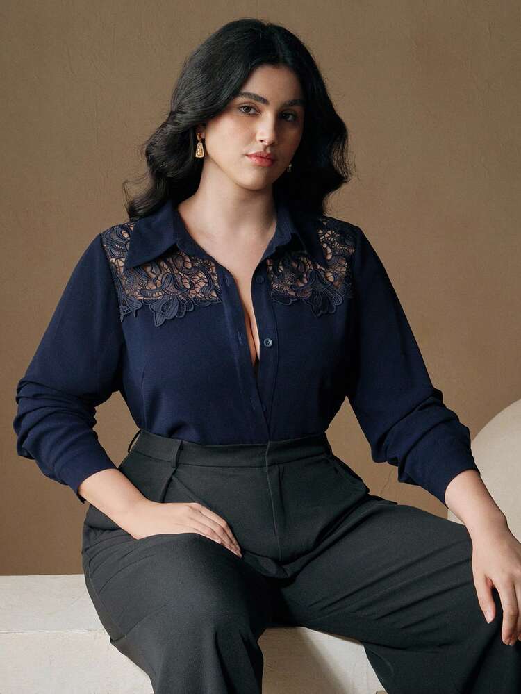 Plus Size Women Contrast Lace Long Sleeve Single-Breasted Elegant Blouse