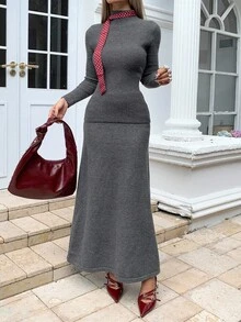 DAZY 2pcs/Set Women Solid Color Casual Long Sleeve Sweater Top And Skirt - Dark Grey - View 1