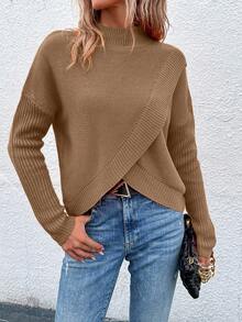 EMERY ROSE Sweater Pullover Kasual Lengan Panjang Kerah Tegak Bahu Longgar Warna Polos untuk Wanita, Musim Gugur/Dingin - Unta - View 3