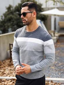 Manfinity Homme Plus Size Men Striped Crew Neck Long Sleeve Casual Sweater, Autumn/Winter - Grey - View 3