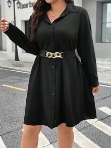 Easura Plus Size Long Sleeve Belt Buckle Decor Waist A-Line Simple Commuter Casual Midi Dress - Black - View 4