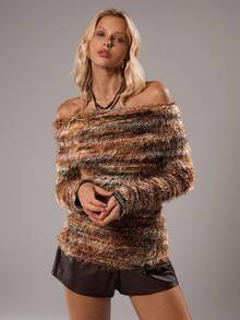 SHEIN TRNDY 1pc Women's Casual Commuter Turtleneck Off Shoulder Tight-Fitting Waist Long Sleeve Elegant Top, Brown