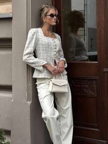 Pariaura 女士格子法式优雅方领腰部收紧金属花朵纽扣夹克 - 杏色 - 查看 6