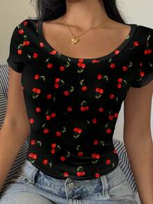 SHEIN EZwear Áo thun nữ cổ tròn tay ngắn in họa tiết quả anh đào tối giản, thoải mái, phù hợp cho mùa hè - Nhiều màu - Xem 3