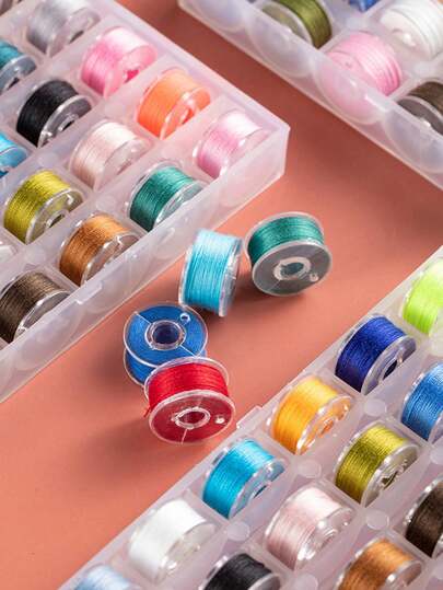 25pcs Sewing Machine Thread Bobbins Case Including 25 Different Colored Sewing Threads For Hand Sewing And Clothes Sewing Transparent Shuttle Core Box With Shuttle Core And Fixed Color High-Speed Sewing Thread