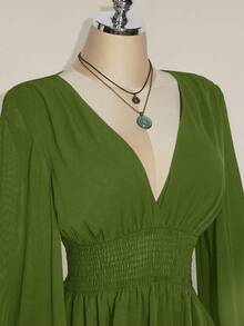 SHEIN ICON Plus Size V-Neck Ruched Waist A-Line Dress With Flare Sleeves, Boho, Hippie, Y2K Style, Suitable For Summer, Nomadic Vibe, Summer Vacation, Music Festivals, Graduation & Back To School Season/Fall/Winter