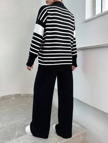 EURMUSE Women's Striped Sweater And Solid Color Long Pants Two Piece Set - Black - View 2