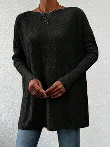 EURMUSE Women's Boat Neck Drop Shoulder Slit Hem Sweater - Black - View 4