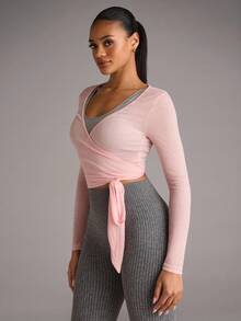 SHEIN BAE Áo thun dài tay buộc dây phía trước thể thao mọi mùa dành cho nữ, họa tiết mỏng, áo chui đầu màu trắng đa năng - Hồng - Xem 4