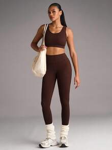 SHEIN BAE Conjunto deportivo de top corto y leggings con estampado de letras para mujer, conjunto de leggings para mujer, conjunto de ropa de gimnasio para mujer