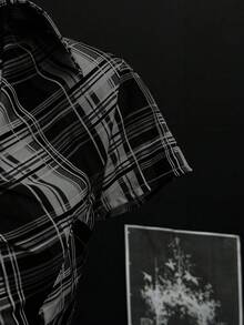 EgrlEra 女士褶裥单排扣修身短袖格子拼接衬衫 - 深灰色 - 查看 6