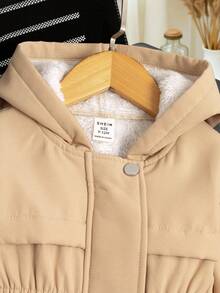 SHEIN Áo khoác nỉ trùm đầu màu trơn tay dài có khóa kéo phía trước cho bé gái mùa đông thường ngày - màu đen - Xem 5