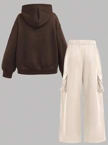 SHEIN Girlism 2件套少女纯色字母印花连帽运动衫和工装裤休闲装 - 棕色 - 查看 2