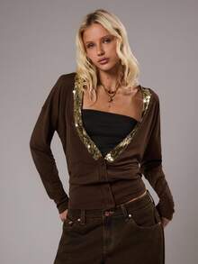 TRNVIE 1pc Women's Shiny V-Neck Long Sleeve Lightweight Jacket, Suitable For Party, Daily Wear, Commuting, Autumn/Winter, Brown - Brown - View 1