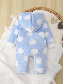 新生女婴可爱粉色心形羊毛连帽长袖连脚连体衣，秋冬婴儿睡衣 - 藍色 - 查看 2