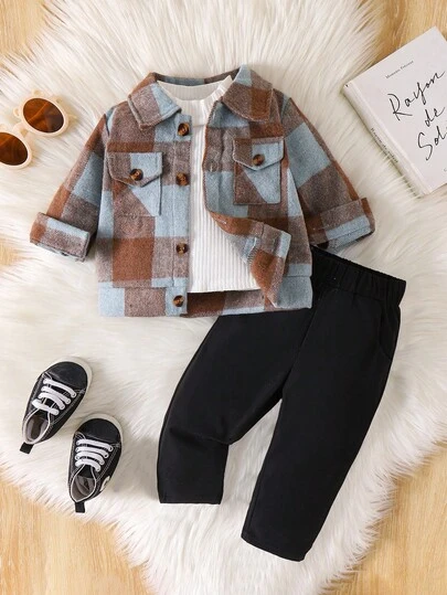 SHEIN Vintaside Kids Baby Boy Plaid Pocket Design Jacket & Solid Color Pants Casual Outfit