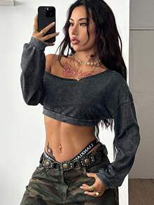 Coolane 女式秋季简约 Y2K 休闲街头风基本款棉质弹力水洗垃圾脏污不对称领口长袖短款 T 恤 - 黑色 - 查看 2