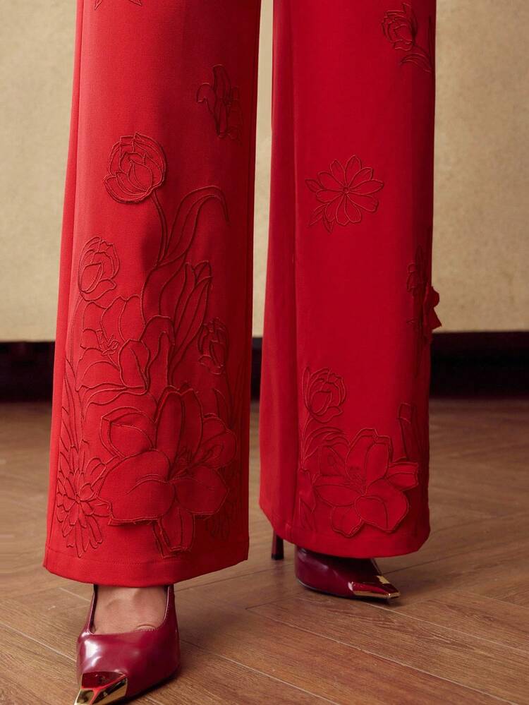 WOMEN'S FLORAL EMBROIDERED WIDE LEG PANTS, AUTUMN/WINTER