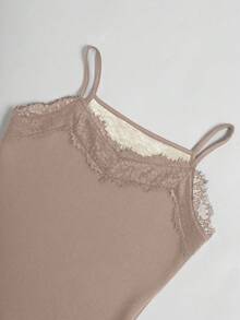 Louniche Áo hai dây nhung lụa viền ren cho nữ, Thu/Đông - Lạc đà - Xem 3