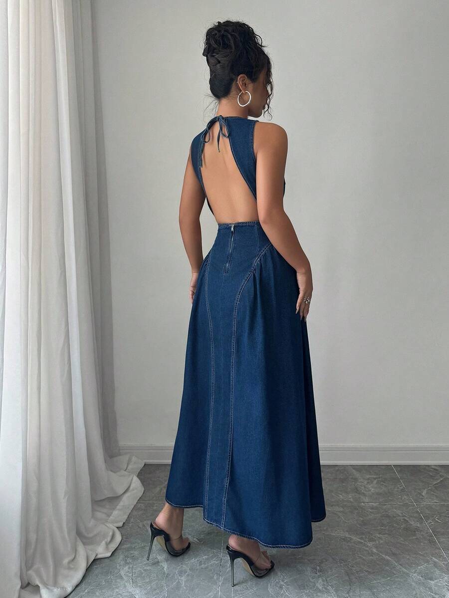 Siren Gaze 女式圆领无袖露背喇叭牛仔连衣裙，夏季时尚 - 深色水洗藍 - 查看 1