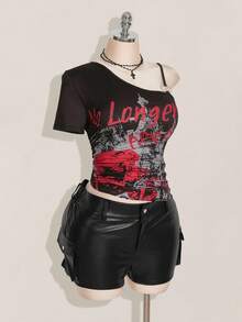 SHEIN ICON Plus Size Women Y2k Going Out Dragon Print Asymmetrical Neckline Short Sleeve Fashionable T-Shirt,Everyday Wear - Multicolor - View 6