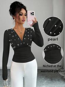 Elenzga Áo thun ôm sát cổ chữ V đính ngọc trai giả thanh lịch dành cho nữ, Xuân/Thu - màu đen - Xem 1