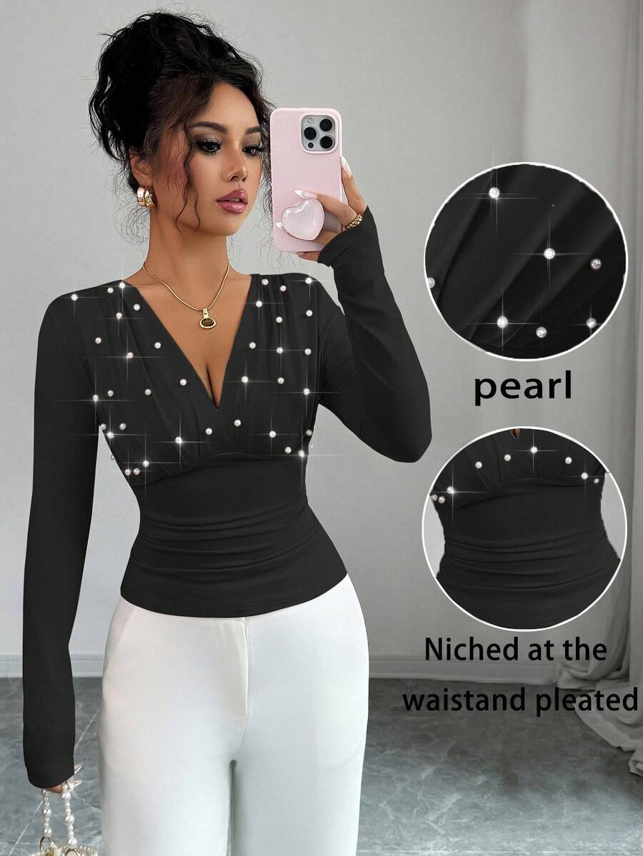 Elenzga Áo thun ôm sát cổ chữ V đính ngọc trai giả thanh lịch dành cho nữ, Xuân/Thu - màu đen - Xem 1