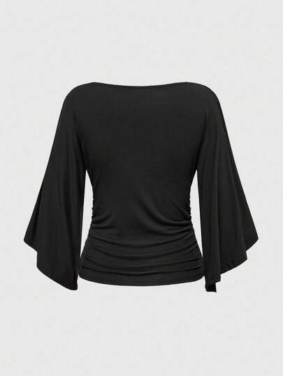 ROMWE Avant Top ample vintage à épaules dénudées avec décoration de perles en bois, décolleté plongeant, imprimé de tigre chinois et de calligraphie, taille cintrée, manches chauve-souris