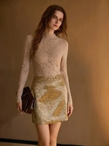 MOTF PREMIUM AUTUMN/WINTER FASHIONABLE SLIM FIT ELEGANT VERSATILE VELVET FABRIC DESIGN FRONT & MIDDLE RING BUCKLE SOPHISTICATED WOMEN SKIRT - Khaki - View 1