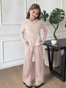 SHEIN 青少年女孩 2 件纯粉色抽绳连帽衫和阔腿裤套装，适合春秋季休闲装和日常穿着 - 粉色 - 查看 16