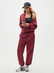 Eassivo Eassivo 女式撞色饰边拉链长袖上衣和抽绳长裤运动套装 - 棕色 - 查看 1