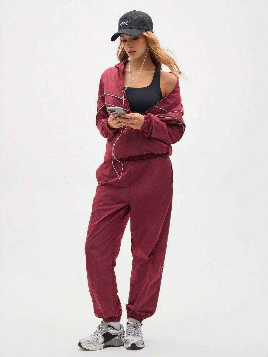 Eassivo Eassivo 女式撞色饰边拉链长袖上衣和抽绳长裤运动套装 - 棕色 - 查看 1