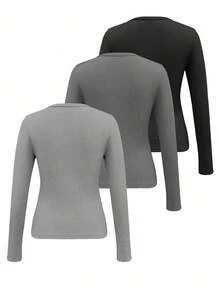 INAWLY 3pcs Women's Solid Color Button V-Neck Long Sleeve Ribbed Casual T-Shirt Set - Multicolor - View 2