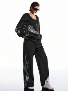 LYSMO Women's Fashion Street Style Rhinestone Flame Pattern Loose Sweatpants - Black - View 7