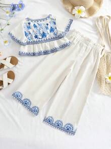 SHEIN Conjunto de 2 piezas de chaqueta de punto con estampado floral y pantalones casuales holgados para niña - Blanco - Ver 3