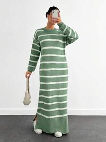EURMUSE Striped Contrast Color Pullover Loose Knit Long Sleeve Sweater Dress - Mint Green - View 5