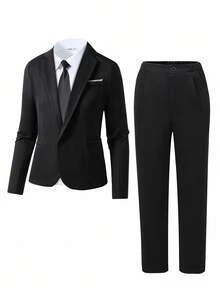 SHEIN 2 件套青少年男孩绅士装，包括修身单排扣西装外套 + 正装裤。优雅休闲的户外正装，适合生日派对、庆典、表演、主持、婚礼季节（生日、婚礼、婚礼嘉宾、花童、戒童） - 黑色 - 查看 3