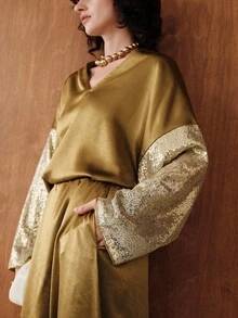 Uhlyne Uhlyne Women's Elegant Champagne Autumn V-Neck Acetate-Like Beaded Sleeve Loose Oversized Top,Luxurious Dropped Shoulder Splice Top For Dinner Parties - Gold - View 2