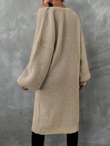 EURMUSE Women's Solid Color Drop Shoulder Casual Long Cardigan, Fall/Winter - Camel - View 2