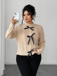 SHEIN Tall CURVE Plus Size Women Solid Color Knitted Stand Collar Bow Decor Long Sleeve Cropped Cute Sweet Pullover Sweater, Winter - Khaki - View 4