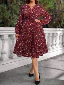 EMERY ROSE Plus Size Women's Burgundy V-Neck Allover Print Lantern Sleeve Dress, Autumn - Red - View 5