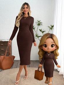 SHEIN LUNE Đầm dài tay nữ màu nâu dáng ôm, đầm thanh lịch màu nâu, đầm midi thanh lịch, đầm dài tay màu cà phê, đầm dành cho nữ, đầm thanh lịch, đầm thường ngày. - màu nâu - Xem 4